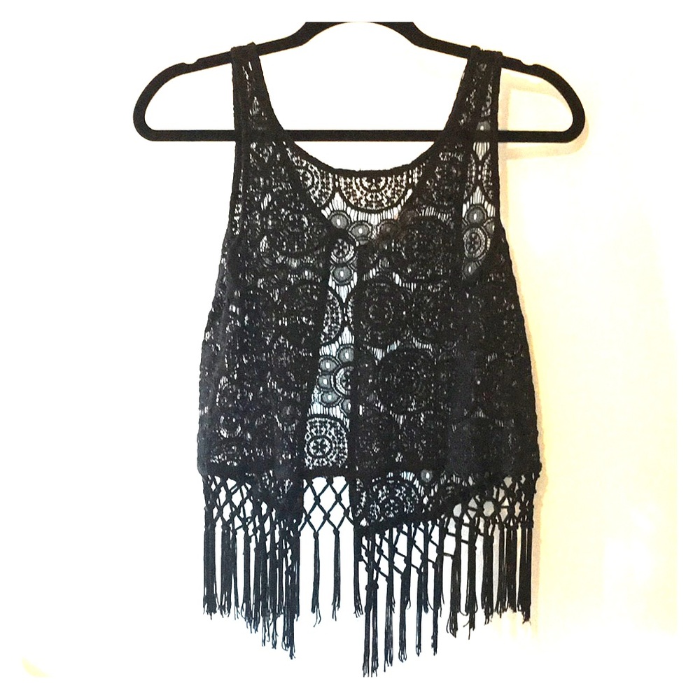Fringed crop lace top